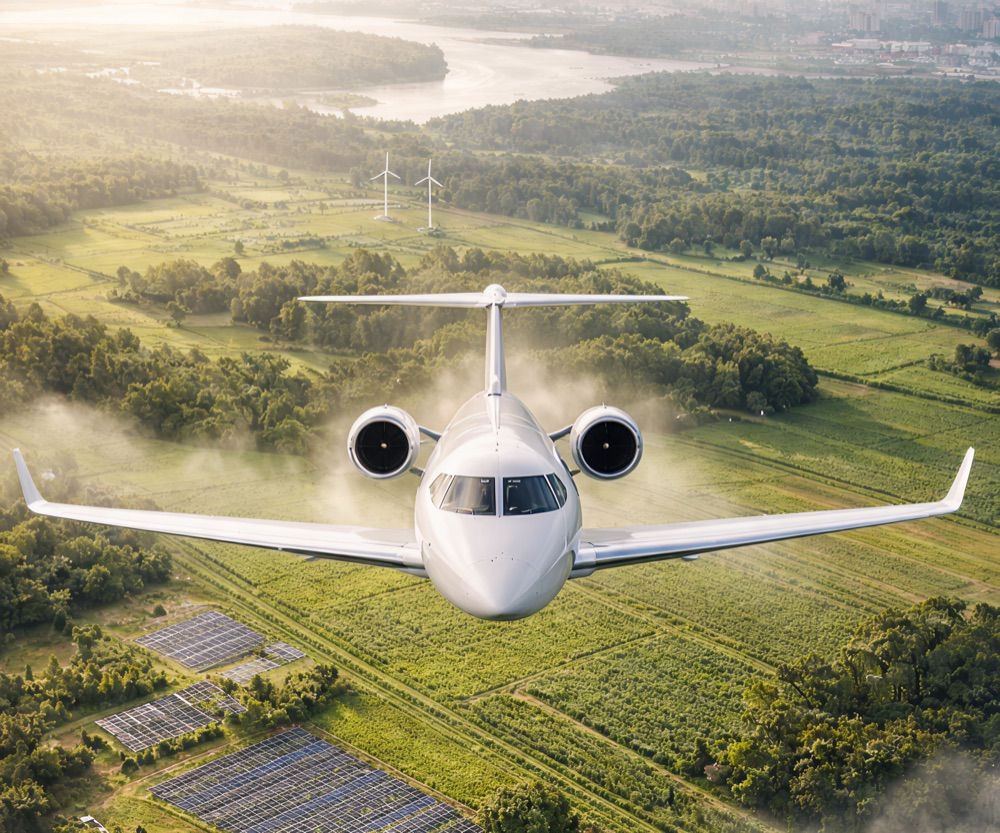 Private jet flying low over green countryside