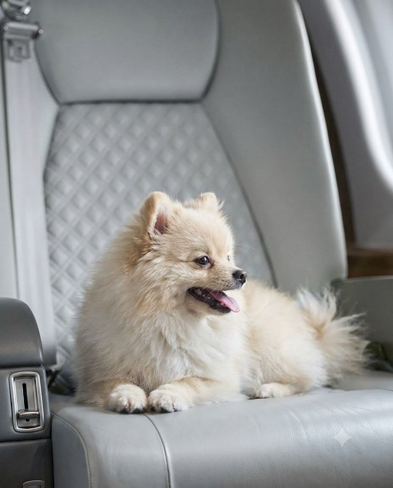 Zwergspitz sitzt auf einem Sitz in der Kabine eines Privatjets