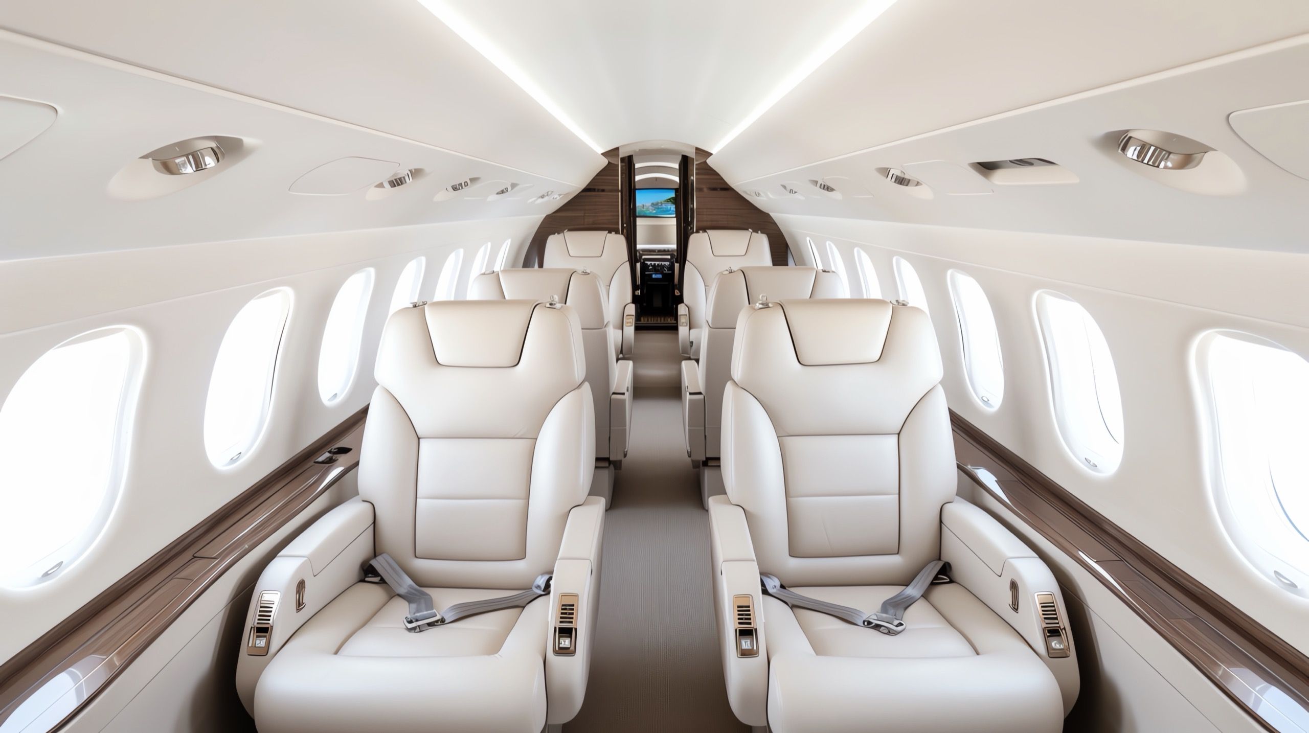 Innenkabine eines Privatjets mit cremefarbenen Ledersitzen