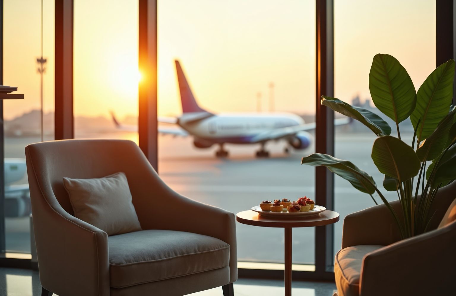 A private lounge armchair beside floor-to-ceiling windows overlooking an aircraft at sunset