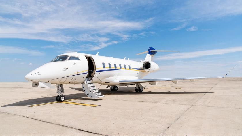 Privatjet Bombardier Challenger 350 auf dem Vorfeld mit ausgefahrener Gangway