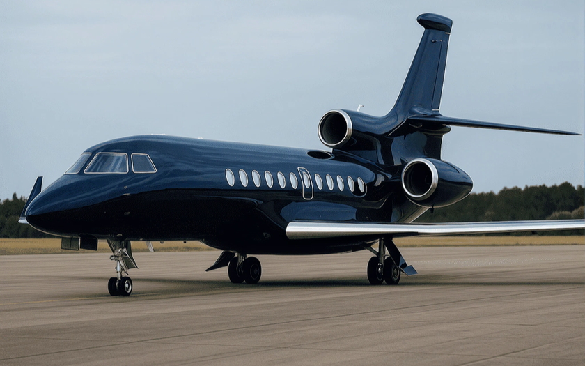 Jet privé Dassault Falcon 7X en livrée bleu foncé stationné sur la voie de circulation