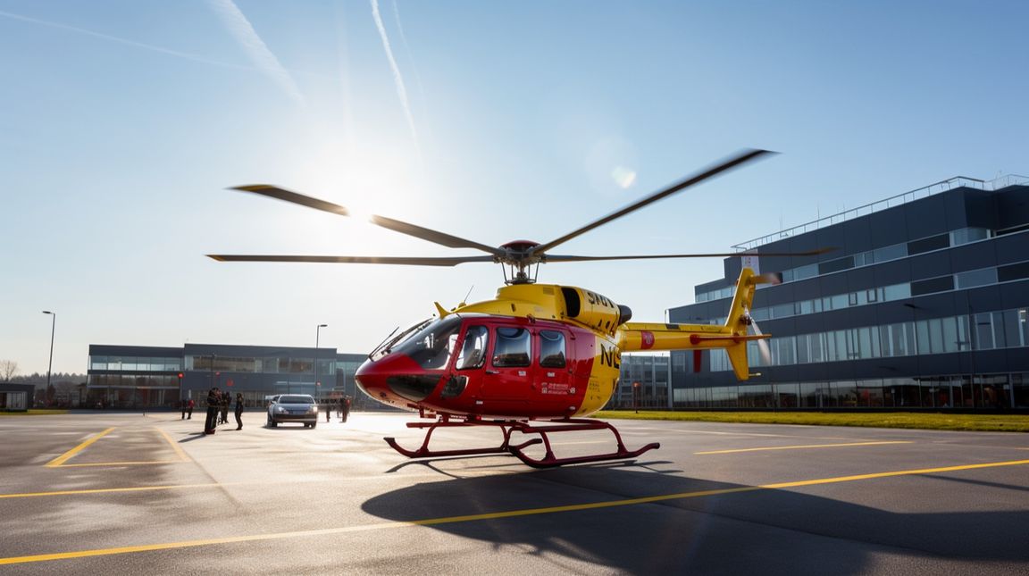 An air-ambulance helicopter on a helipad outside a hospital