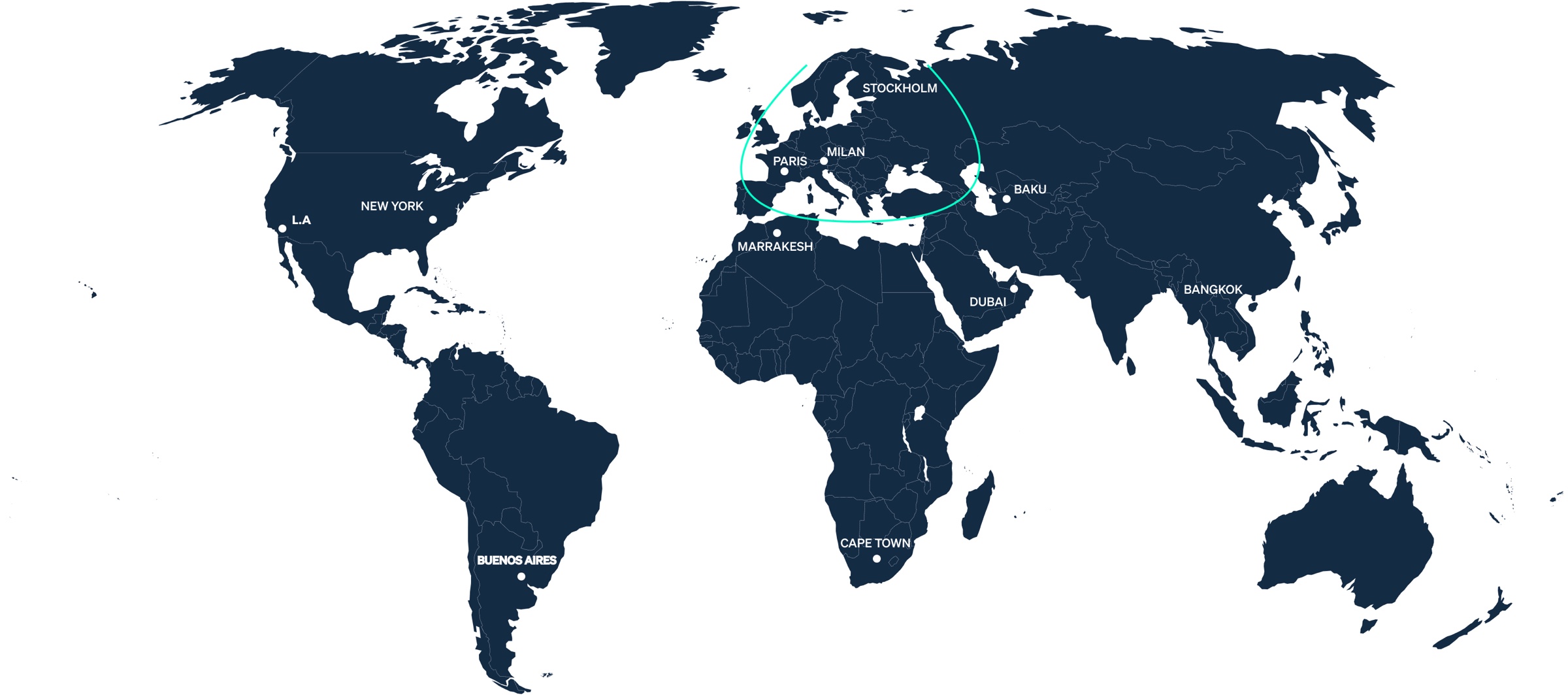 World map showing private jet flight ranges from Europe by aircraft category